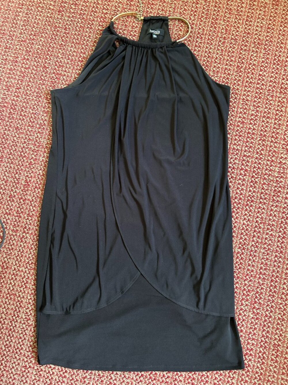 KENSIE Chic Black Halter Dress with Gold Chain Accent.